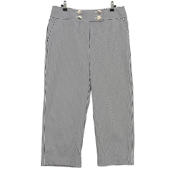 CHICOS Navy Blue White Pinstripe Cropped Stretch Poly Sailor Pants - Picture 1 of 8